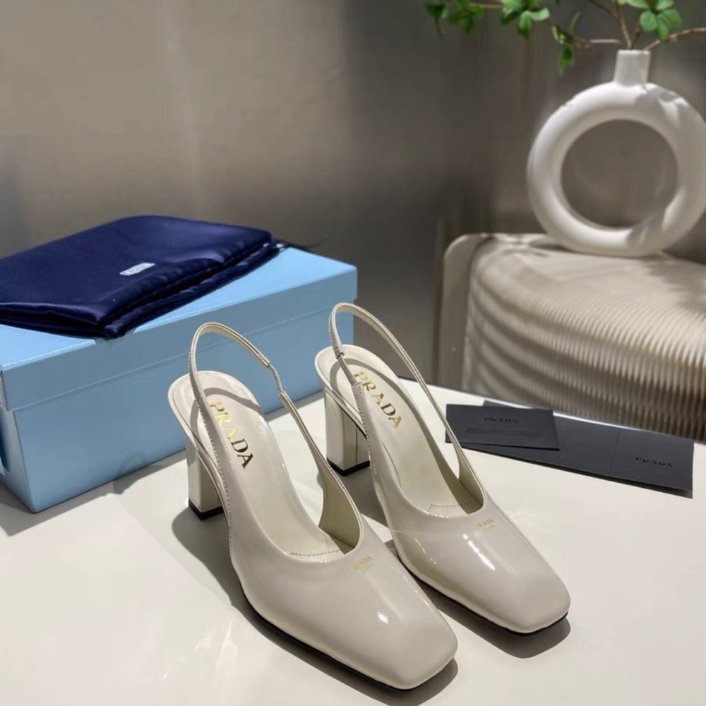 Prada White Patent Slingback Block Heels